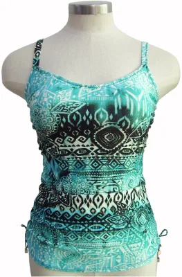 Ladies Two Pieces Swimwear Printed Tankini Top Contrast Printed Belt Solid Bottom