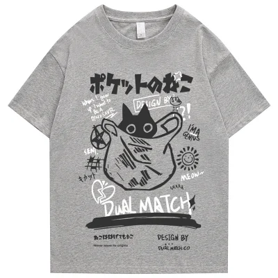 Hip Hop T-Shirt Men Streetwear Japanese Kanji Funny Cat Printed T Shirt 2022 Men Harajuku Cotton Casual Short Sleeve Tshirt Tops