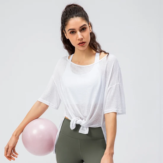 Spring and Summer Women′ S Loose Sweatshirt Light Breathable Running T-Shirt Quick Dry Yoga Short Sleeve